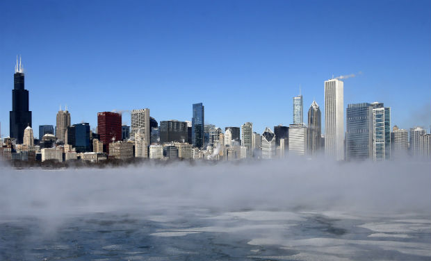 Chicago Skyline sits as a backdrop as a whirlpool of frigid, dense air known as a Chicago Skyline sits as a backdrop as a whirlpool of frigid, dense air known as a